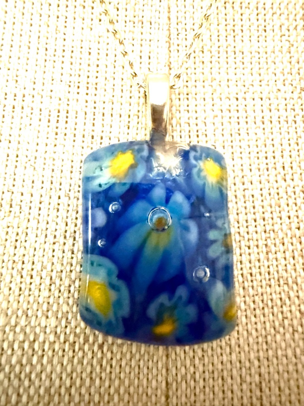 Blue Floral Glass Pendant Necklace - Silver Chain